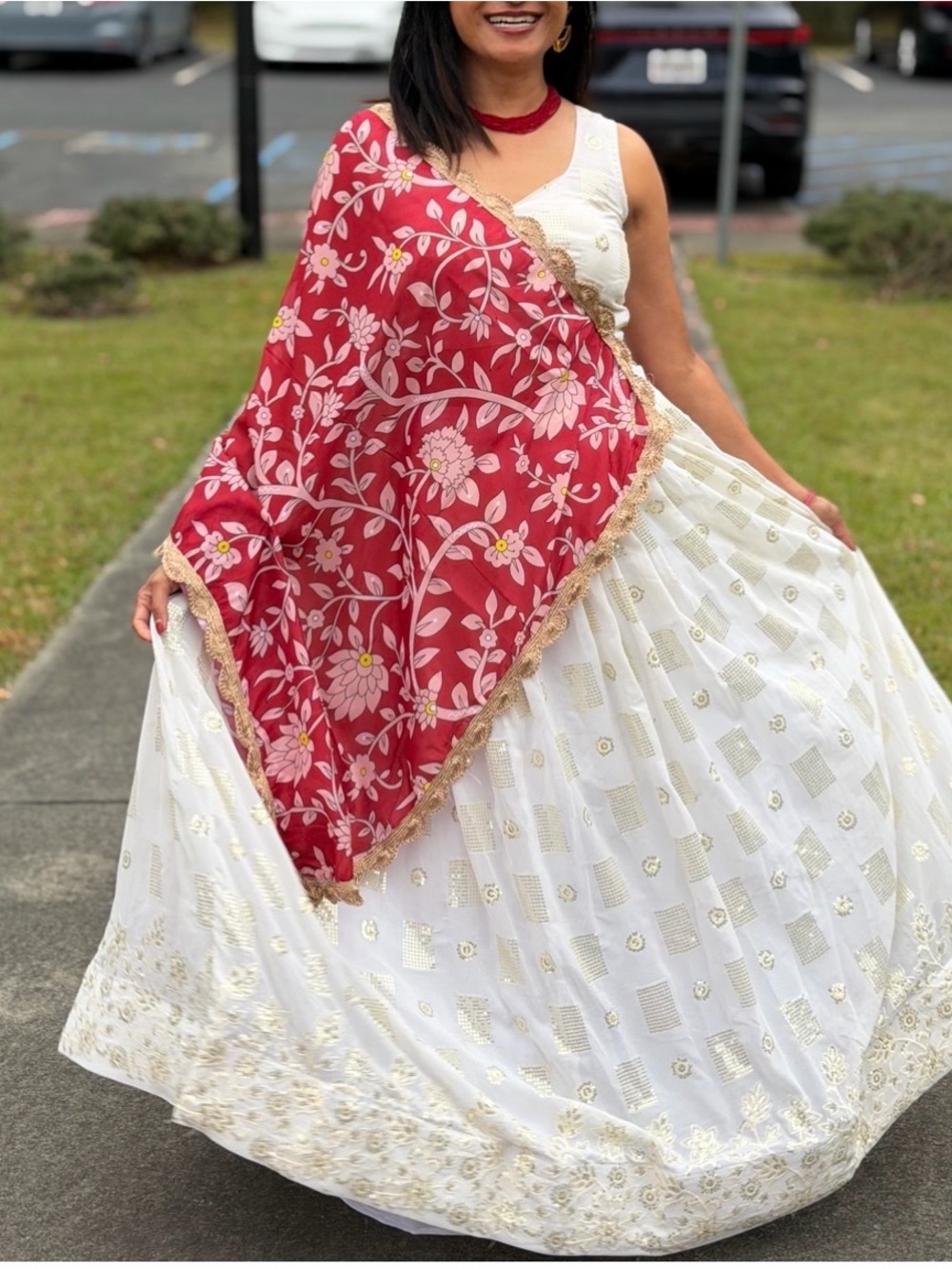White and Red Floral Lehenga Skirt with Gold Accents